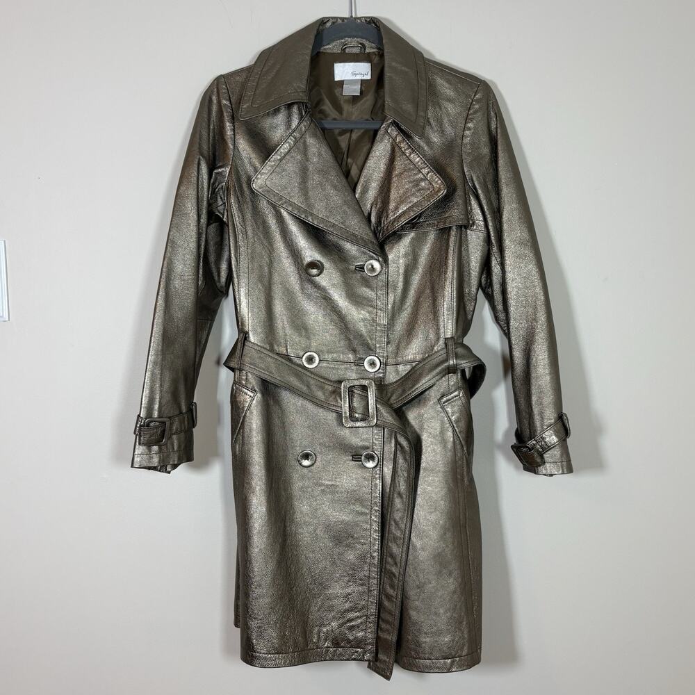 VTG Spiegel Metallic Bronze Leather Trench Coat Y2K Liquid Gold Long Jacket M